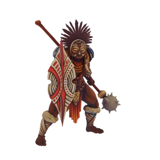 Modèle 3D d'un guerrier tribal portant un masque et une coiffe, tenant une massue à pointes et un bouclier à motifs, en posit