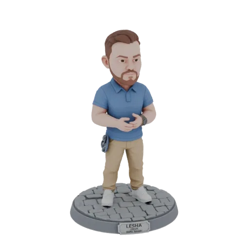 3D model of a bobblehead figure of a man wearing a blue polo shirt and khaki pants, standing on a cobblestone base.