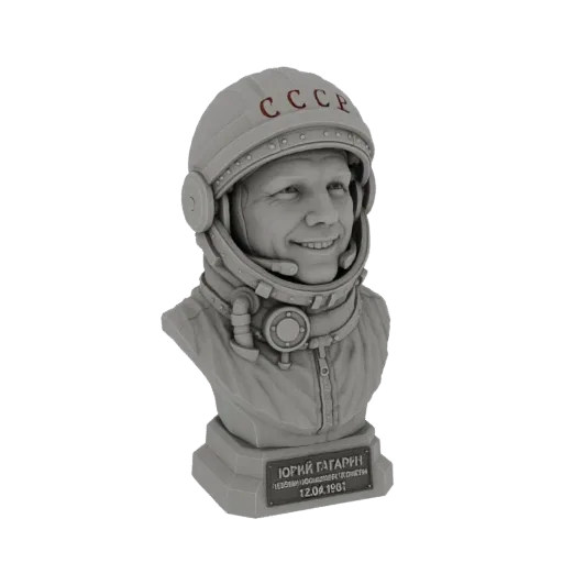 3D model bust of Yuri Gagarin wearing a space helmet with the CCCP emblem, on a black background.