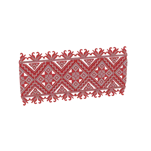 3D model of a red table runner with a detailed ethnic geometric pattern, featuring diamonds and zigzags.