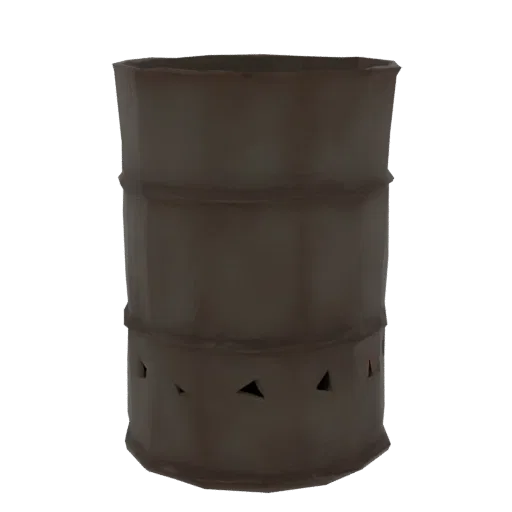3D model of a dark, rustic metal barrel with triangular vents around its base, isolated on a white background.