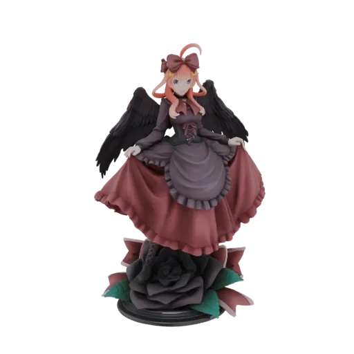 3D model of a gothic angel with black wings, wearing a dark dress, standing on a base with a black rose.
