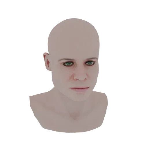 3D model render of a bald young man's head with realistic skin texture and piercing green eyes, set against a black backgroun