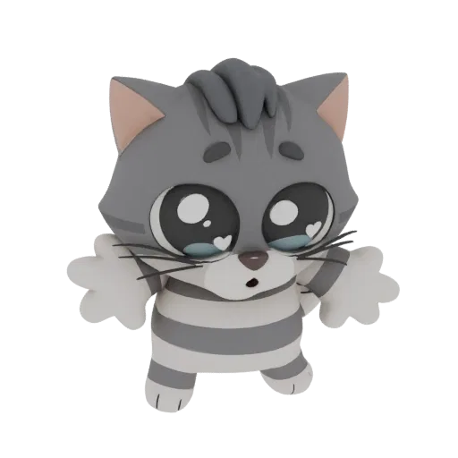 A 3D render of a cute, grey and white striped cat with large, tearful eyes and outstretched paws, isolated on a white backgro