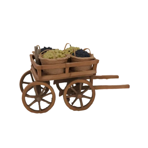 3D model of a wooden cart filled with baskets of green and purple grapes, on a black background.