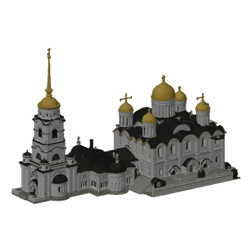 3D model render of an Orthodox cathedral with multiple golden domes and a tall bell tower, set against a white background.
