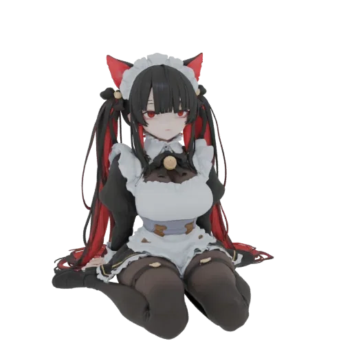 3D model of a Neko Maid character with black and red hair, cat ears, and a maid outfit, sitting down.