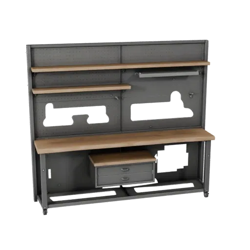 Garage Pegboard Wall 3D model, side profile view, technical viewport render, showing steel frames, stable fixtures.