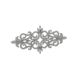A 3D render of a symmetrical, grey, ornate scrollwork decorative element with swirling curves and leaf motifs, set against a