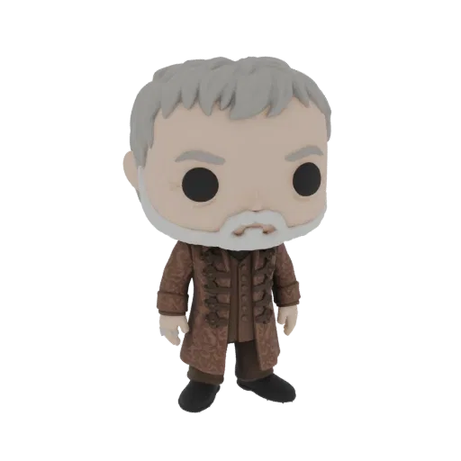 3D model of Lord Varys from Game of Thrones in Funko Pop style, wearing a patterned brown coat.