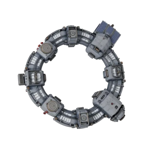 Modular Station Corridor Stylized 3D model, stylized isometric render, showing metal modules, modular station layout.