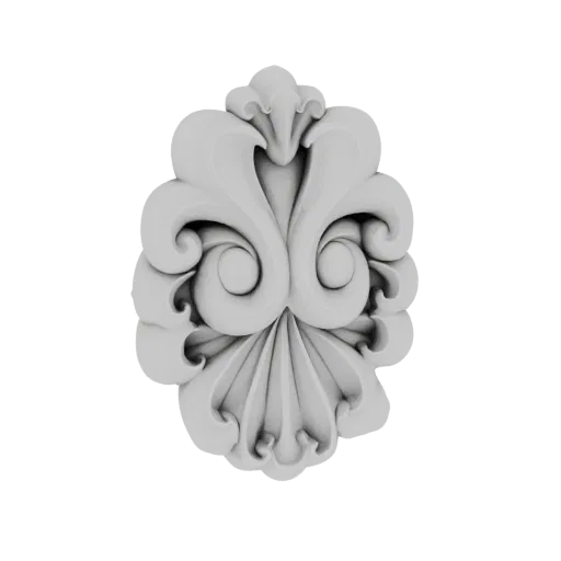 A 3D render of a white, ornate acanthus scrollwork ornament with intricate, swirling leaf patterns and a central flourish, is