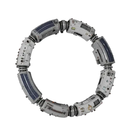 Research Docking Hub 3D model, three-quarter front view, Unreal Engine viewport, showing metal modules, form detail.