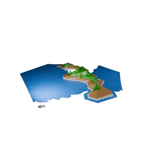 Lake Island Shore Low Poly 3D model, game viewport three-quarter view, showing wet stone, water edges.