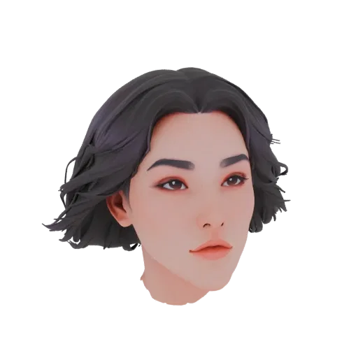 A 3D render of a stylized female head with dark, flowing hair and large, expressive anime-inspired eyes.