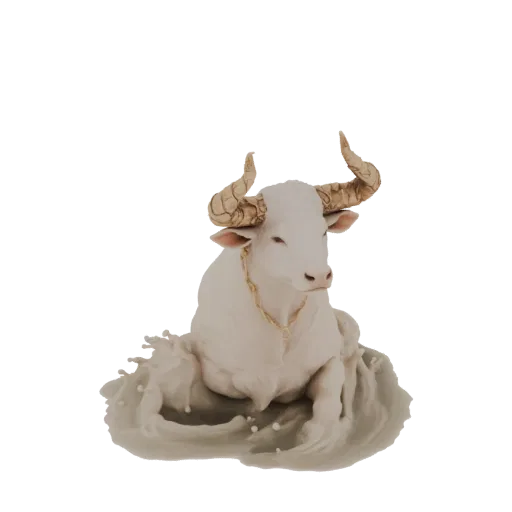 3D model of a white bull wearing a gold chain, sitting in a splash of milk with droplets frozen in motion.