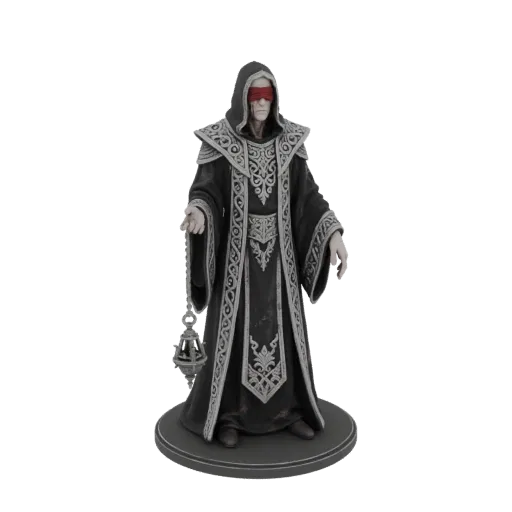 3D model of a blindfolded oracle figure wearing a dark hooded robe with silver trim, holding a censer.