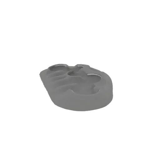 3D render of an abstract, organic grey form with smooth, flowing contours against a black background.