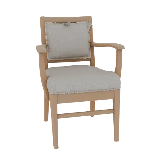 3D model of a classic armchair with a light-colored upholstered seat and back cushion, featuring decorative piped trim and a
