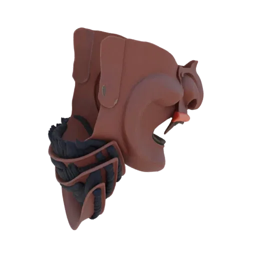 Modèle 3D d'un masque Oni Samouraï rouge et noir avec une expression féroce, des dents acérées et des détails d'armure superp
