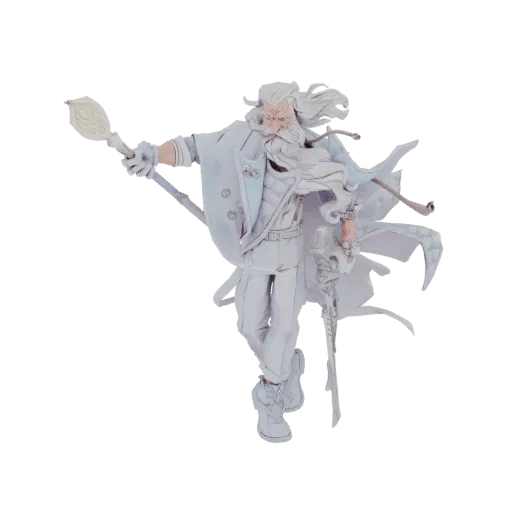 Modello 3D di un antico mago con lunga barba bianca, che tiene un bastone e un'arma mistica, indossa vesti ornate.