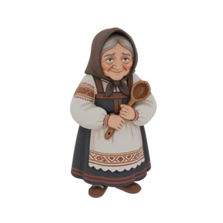 3D model of an elderly woman in traditional folk clothing, smiling and holding a wooden spoon.