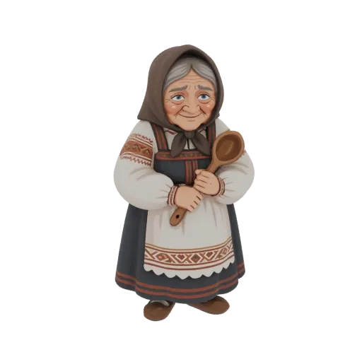 3D model of an elderly woman in traditional folk clothing, smiling and holding a wooden spoon.
