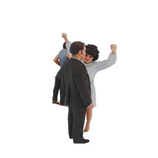 Modelo 3D de una pareja bailando, hombre de traje negro y mujer de vestido blanco, con dos figuras más al fondo.