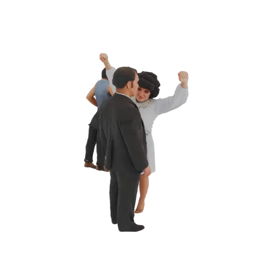 Modèle 3D d'un couple dansant, homme en costume noir et femme en robe blanche, avec deux autres personnages en arrière-plan.