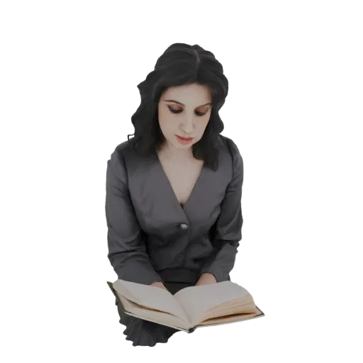 3D model of a woman in a gray suit, seated and looking down as she reads an open book.