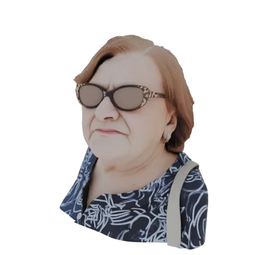 3D model of an elderly woman wearing leopard-print sunglasses and a dark blue floral blouse, with a neutral expression.