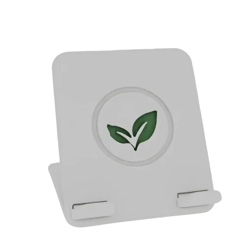 Un modello 3D bianco di un supporto con un emblema circolare contenente un logo a foglia verde con una spunta.