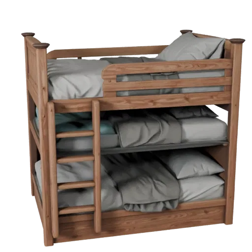 Platform Bunk Bed Realistic 3D model, bedroom, three-quarter studio render, fabric detail.