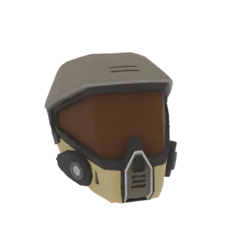 3D model of a futuristic tactical helmet with a brown visor, featuring a tan and grey color scheme and protective plating.