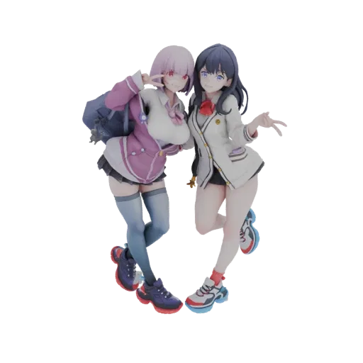 3D model of two anime schoolgirls, one with pink hair and a purple jacket, the other with blue hair and a white blazer, posin
