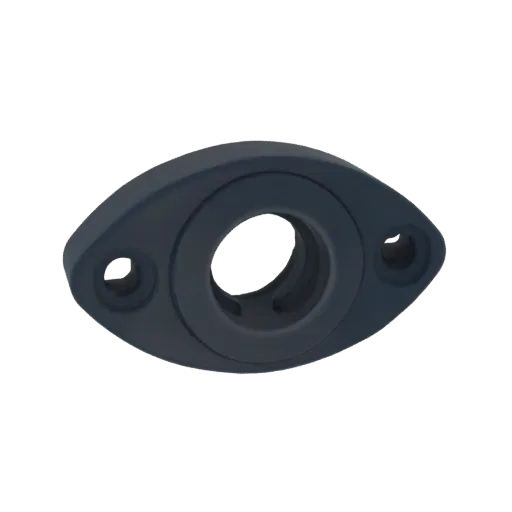 A 3D render of a dark gray flanged bearing mount with two bolt holes and a central bearing seat, set against a black backgrou