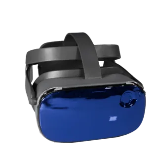 VR Headset 3D model, three-quarter front view, AR viewer studio render, showing silicone, wearable fit.