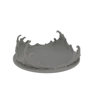 Modello 3D di uno schizzo d'acqua dinamico, congelato in movimento con onde che si infrangono e gocce, su una base circolare.