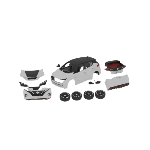 3D model of a disassembled Nissan Leaf car, showing individual body panels, hood, doors, wheels, and bumpers laid out separat
