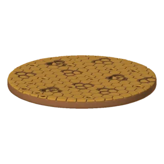 3D-Render einer kreisförmigen Geländebasis mit sechseckiger, texturierter Oberfläche und mehreren Kraterdetails sowie Wabenmu