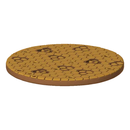 A 3D render of a circular terrain base with a hexagonal, textured surface featuring multiple crater details and a honeycomb p