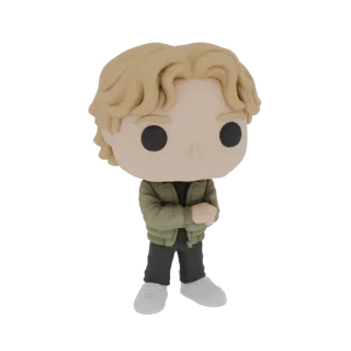 Modelo 3D de um jovem loiro, com jaqueta verde e calça escura, estilo Funko Pop, em pé com os braços cruzados.