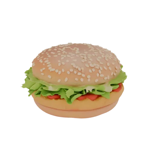 A 3D model of a realistic hamburger with a sesame seed bun, lettuce, and tomato, presented on a white background.