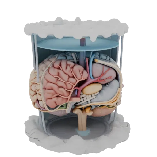 Modèle 3D imprimable Cerveau Pédagogique, rendu STL isométrique, montrant les couleurs des tissus mous, silhouette de l'organ