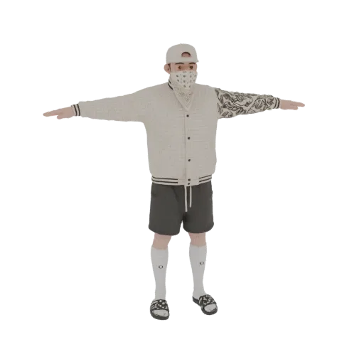 3D model of a male figure wearing a white baseball cap, patterned bandana, cream bomber jacket, grey shorts, white socks, and