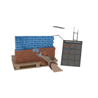 3D model of a VR bricklaying tool placing a blue brick on a red brick wall, with an inventory panel in the background.