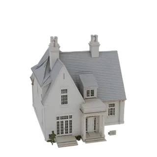 3D model of a charming white Tudor-style house with a gabled roof, decorative chimneys, and a welcoming porch.