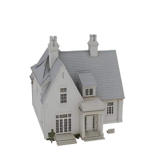 3D model of a charming white Tudor-style house with a gabled roof, decorative chimneys, and a welcoming porch.