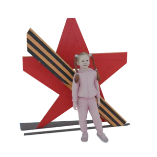 Modello 3D di una bambina con trecce in tuta rosa, in piedi davanti a una grande stella rossa con nastro di San Giorgio.