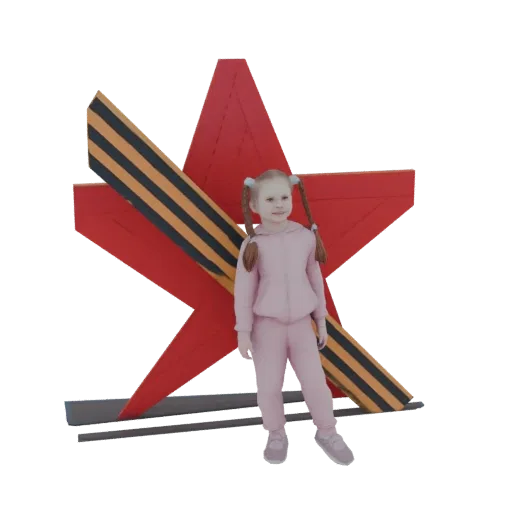 3D model of a young girl with pigtails in a pink tracksuit, standing in front of a large red star with a St. George ribbon.